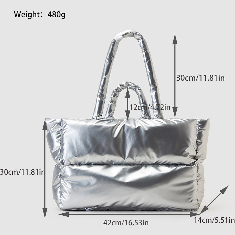 Women's Down Cotton-Padded Tote Bag – Soft Duvet Quilt Handbag with Rhombus Stitching, Large Capacity