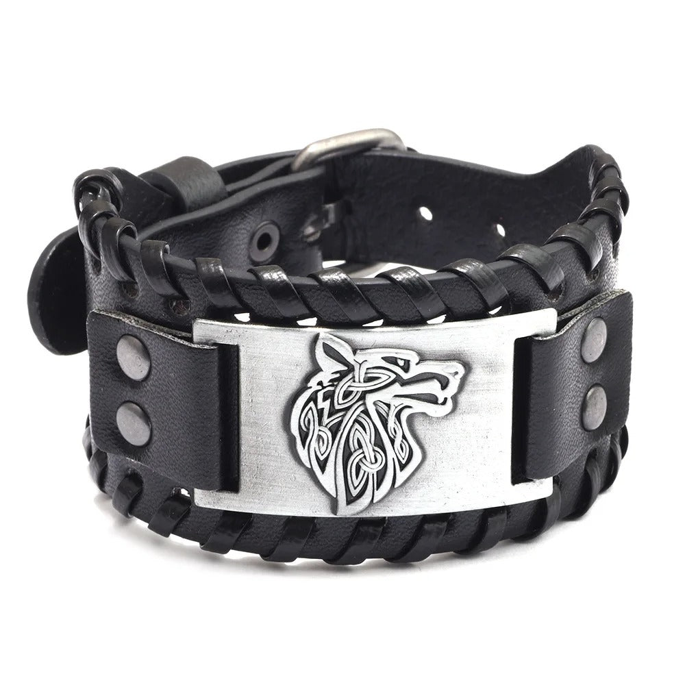 Retro Wide Leather Wolf Face Bracelet for Men