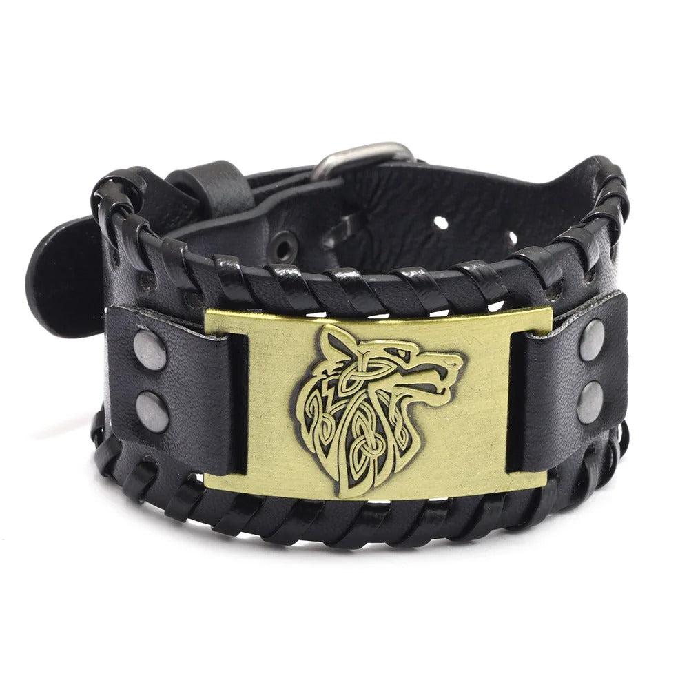 Retro Wide Leather Wolf Face Bracelet for Men