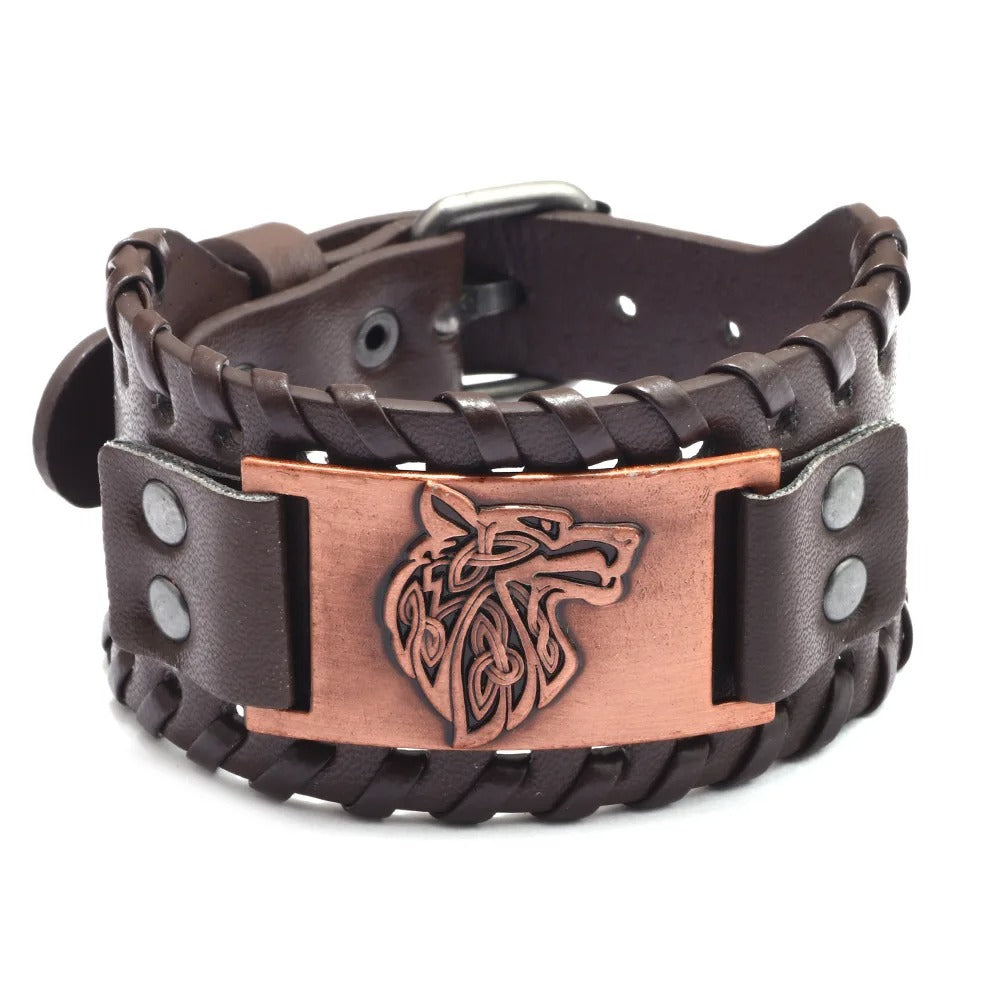 Retro Wide Leather Wolf Face Bracelet for Men