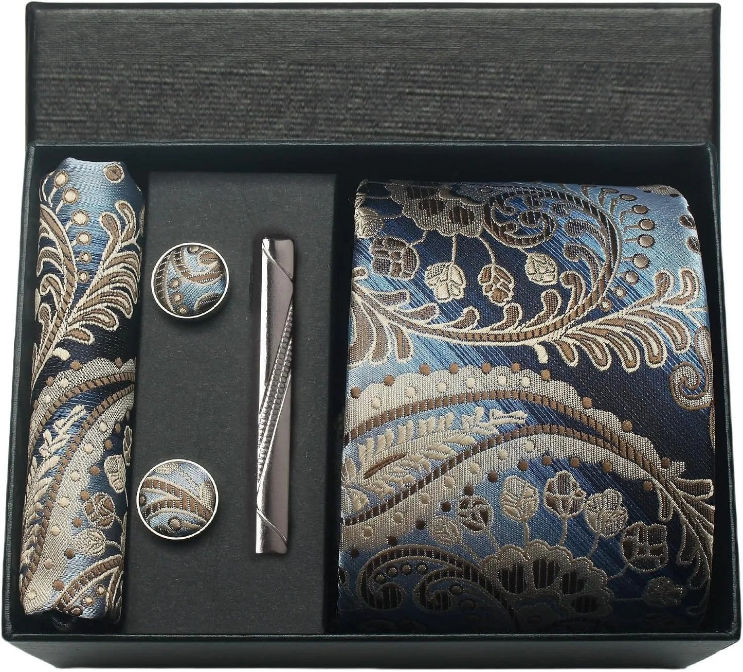 Silk Business Tie Pocket Square Tie Clip Cufflinks Plain Set Classic For Men Gift Box