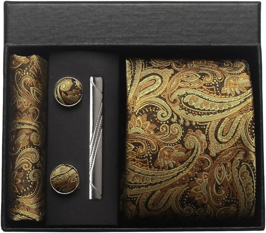 Silk Business Tie Pocket Square Tie Clip Cufflinks Plain Set Classic For Men Gift Box