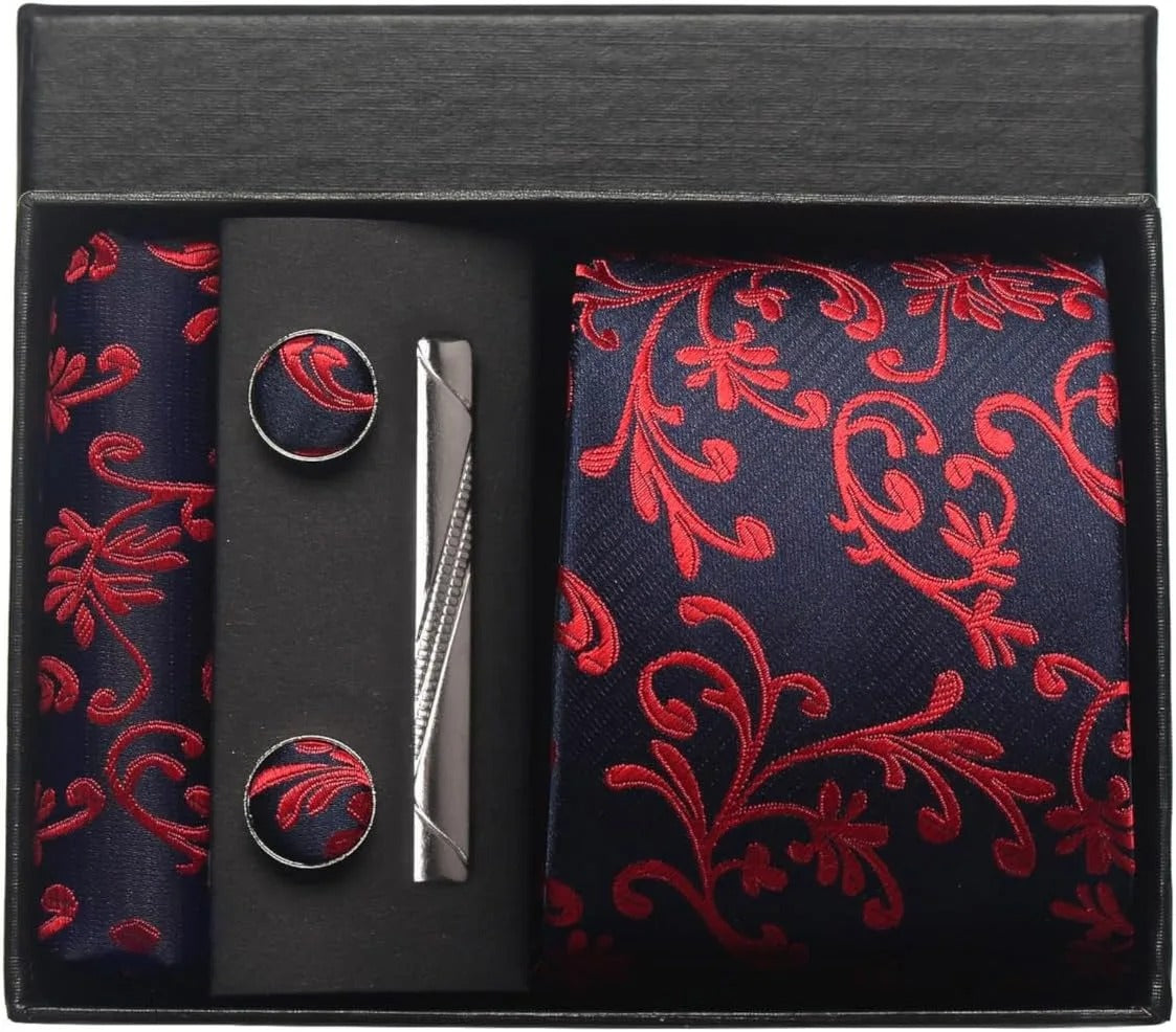 Silk Business Tie Pocket Square Tie Clip Cufflinks Plain Set Classic For Men Gift Box