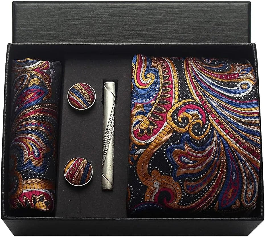 Silk Business Tie Pocket Square Tie Clip Cufflinks Plain Set Classic For Men Gift Box