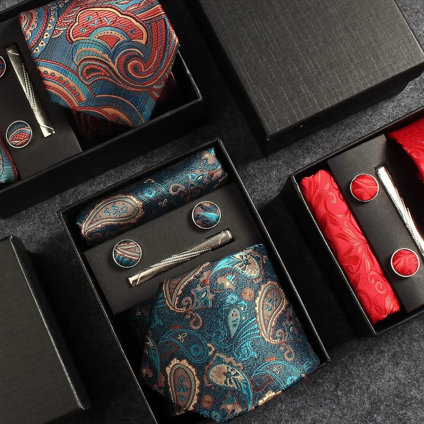 Silk Business Tie Pocket Square Tie Clip Cufflinks Plain Set Classic For Men Gift Box