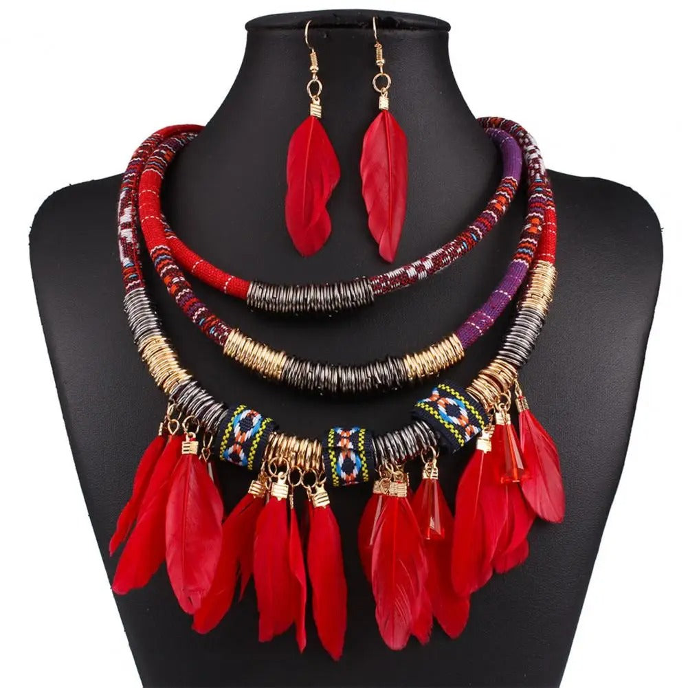 Ethnic Jewelry Set Classic Feather Tassel Necklace Earrings Set