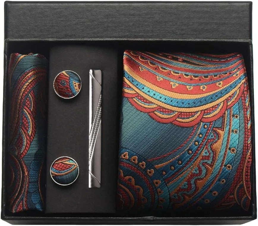 Silk Business Tie Pocket Square Tie Clip Cufflinks Plain Set Classic For Men Gift Box