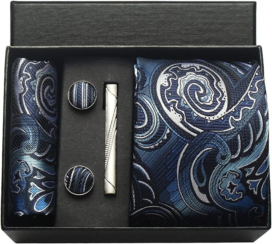 Silk Business Tie Pocket Square Tie Clip Cufflinks Plain Set Classic For Men Gift Box