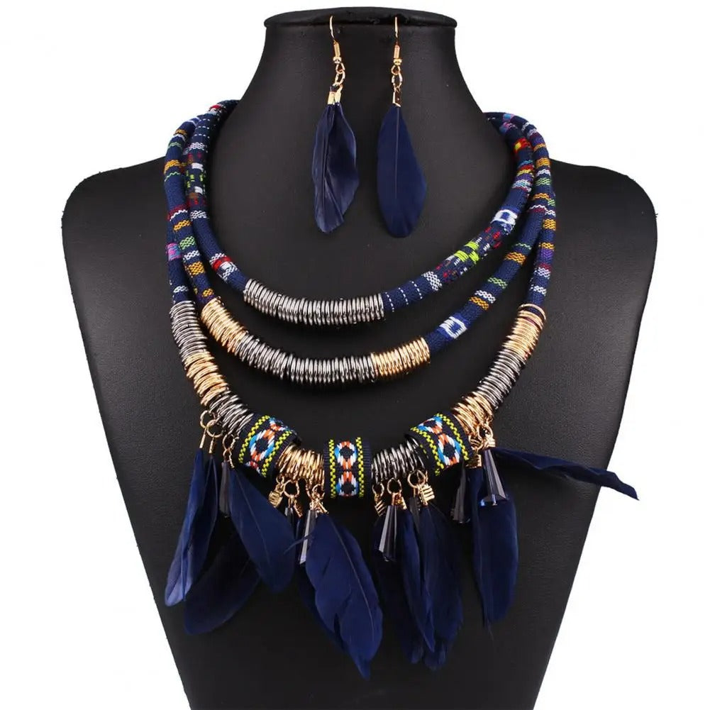Ethnic Jewelry Set Classic Feather Tassel Necklace Earrings Set