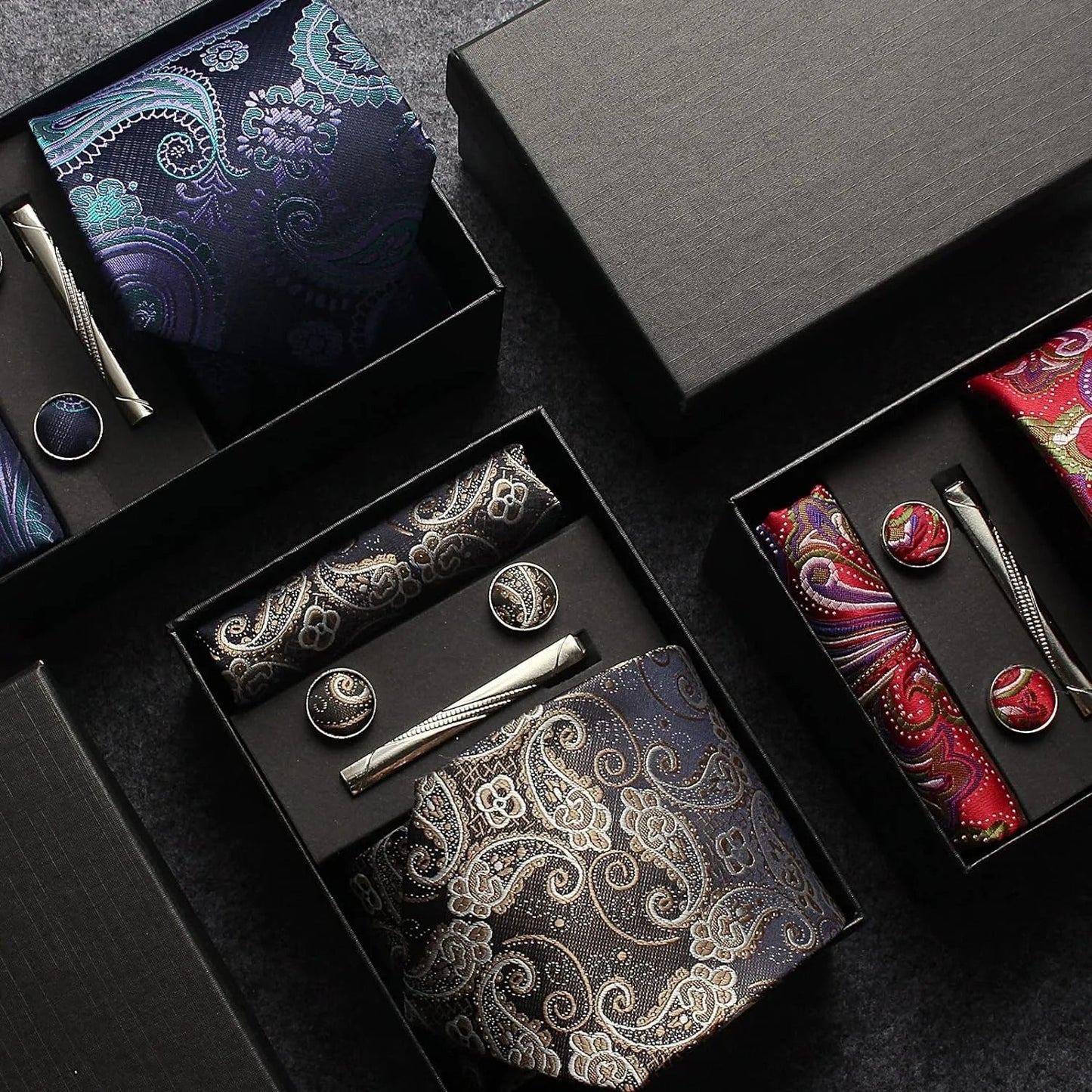 Silk Business Tie Pocket Square Tie Clip Cufflinks Plain Set Classic For Men Gift Box