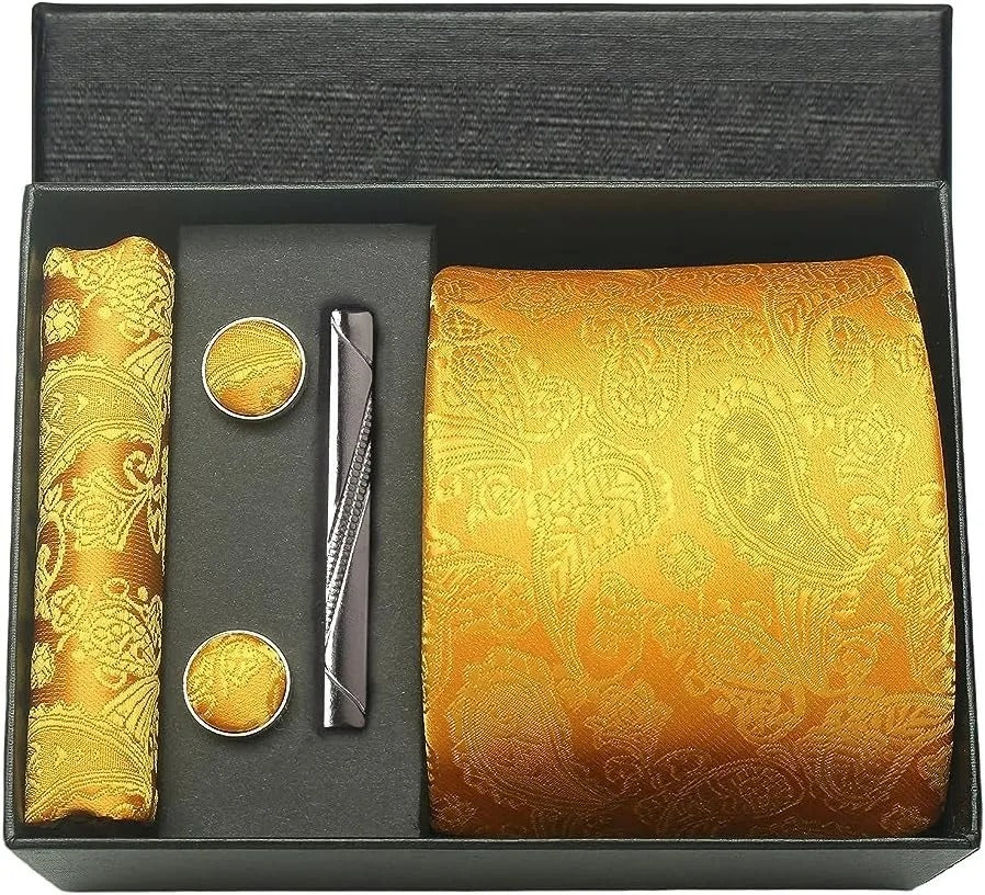 Silk Business Tie Pocket Square Tie Clip Cufflinks Plain Set Classic For Men Gift Box