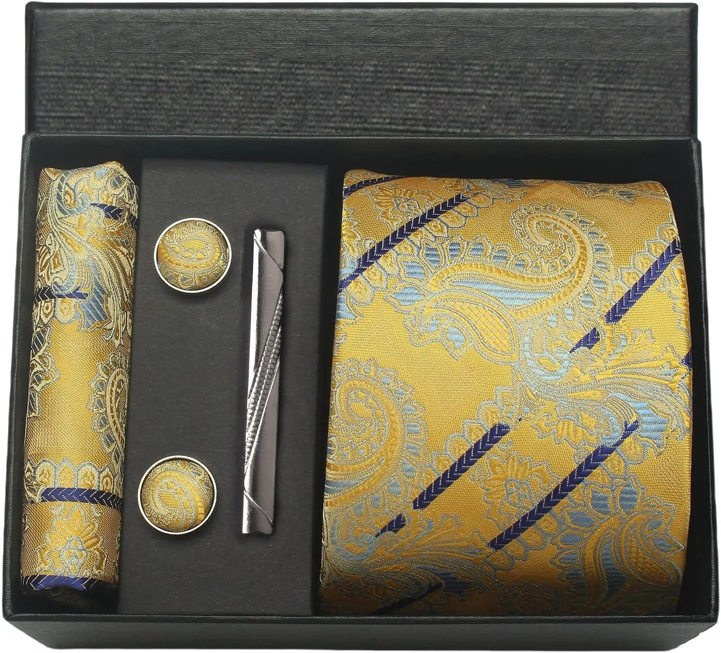 Silk Business Tie Pocket Square Tie Clip Cufflinks Plain Set Classic For Men Gift Box
