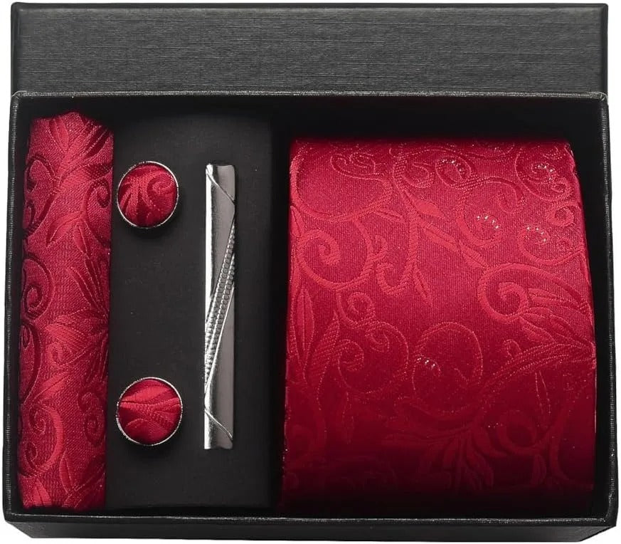Silk Business Tie Pocket Square Tie Clip Cufflinks Plain Set Classic For Men Gift Box