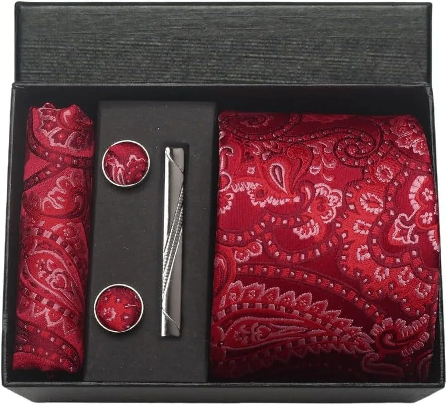 Silk Business Tie Pocket Square Tie Clip Cufflinks Plain Set Classic For Men Gift Box