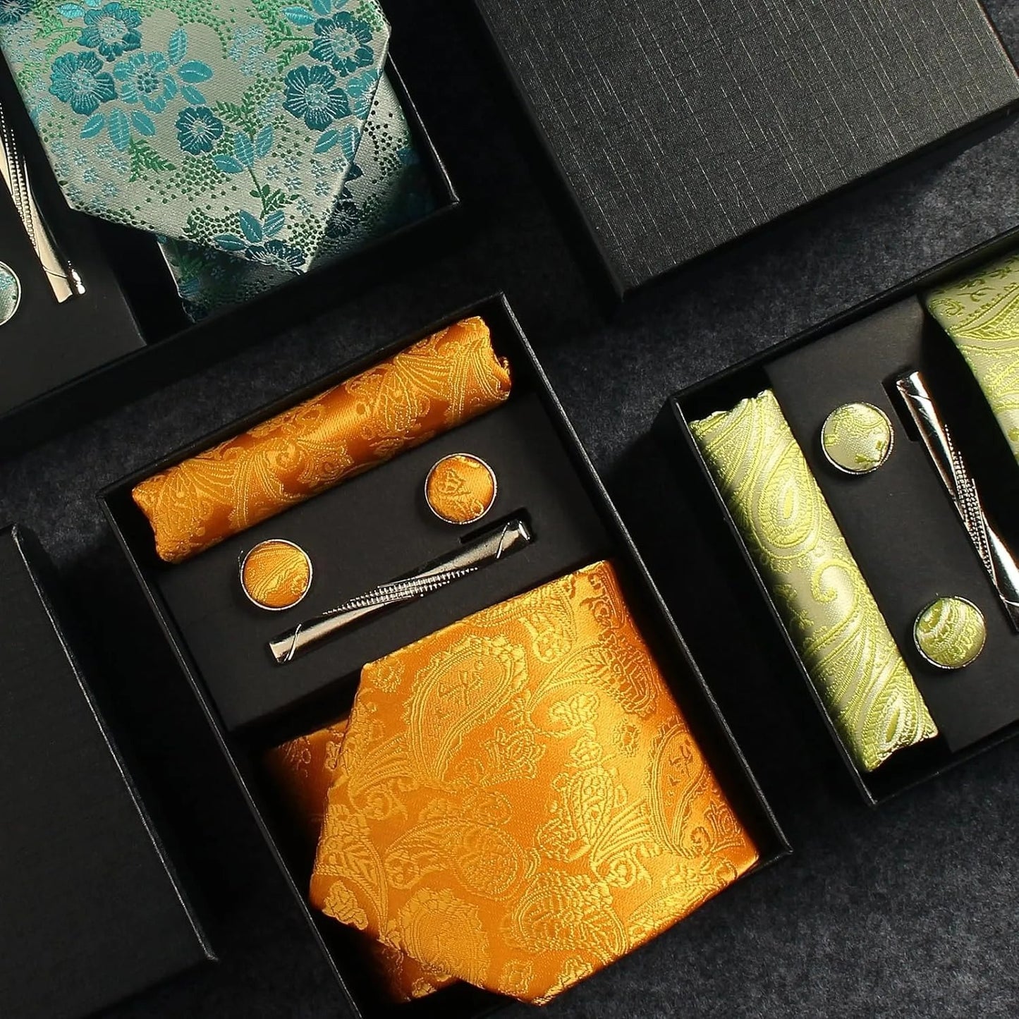 Silk Business Tie Pocket Square Tie Clip Cufflinks Plain Set Classic For Men Gift Box