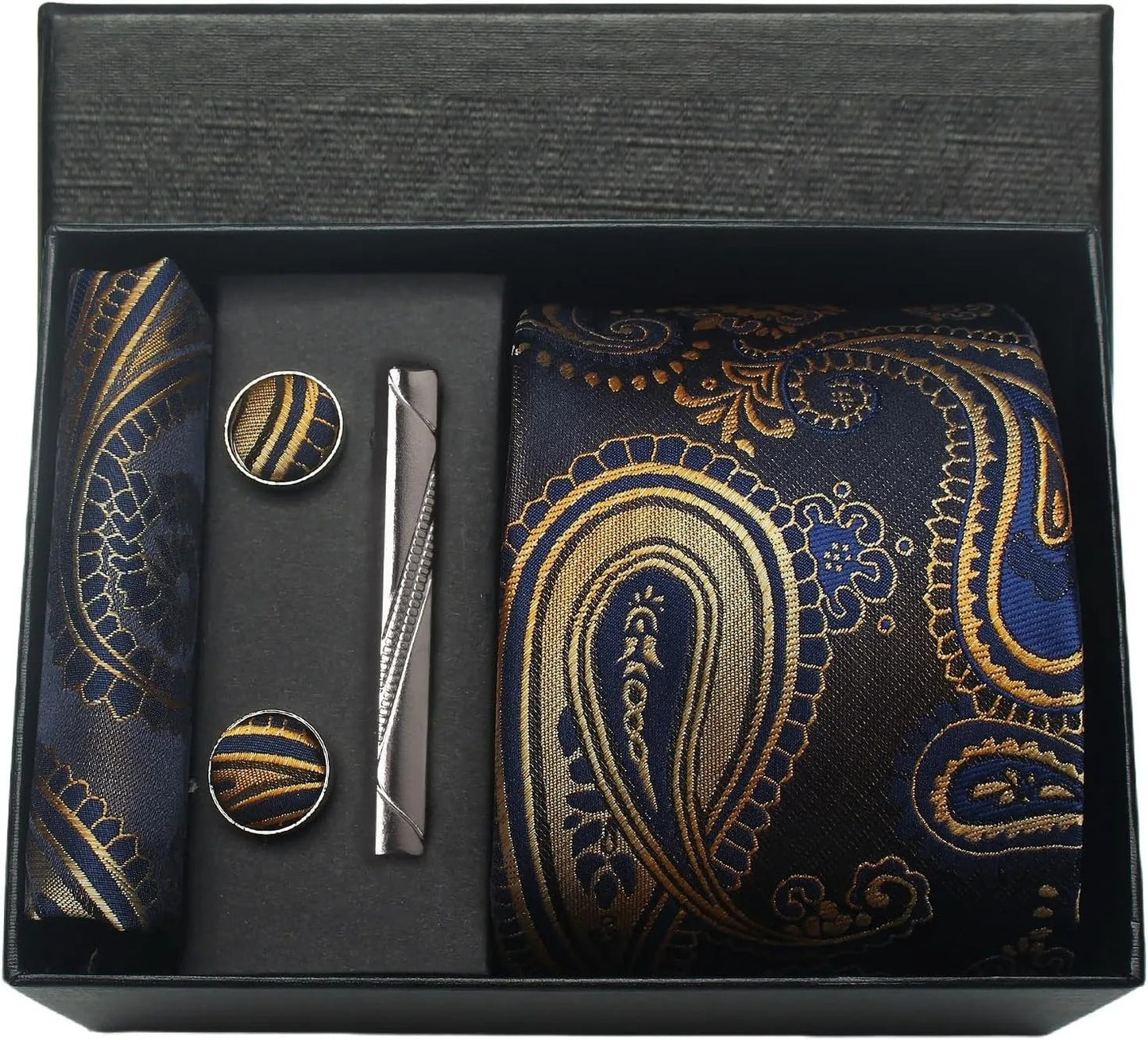 Silk Business Tie Pocket Square Tie Clip Cufflinks Plain Set Classic For Men Gift Box