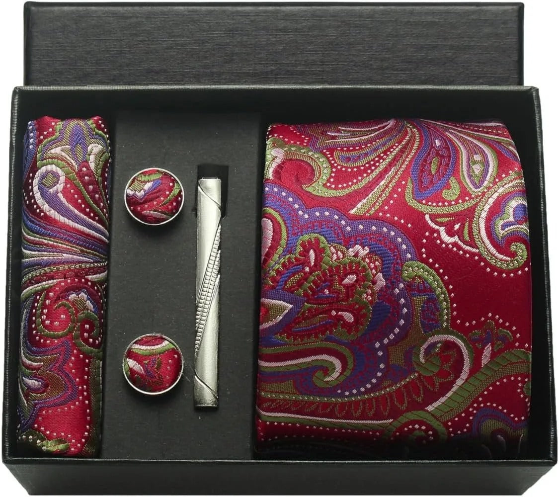 Silk Business Tie Pocket Square Tie Clip Cufflinks Plain Set Classic For Men Gift Box