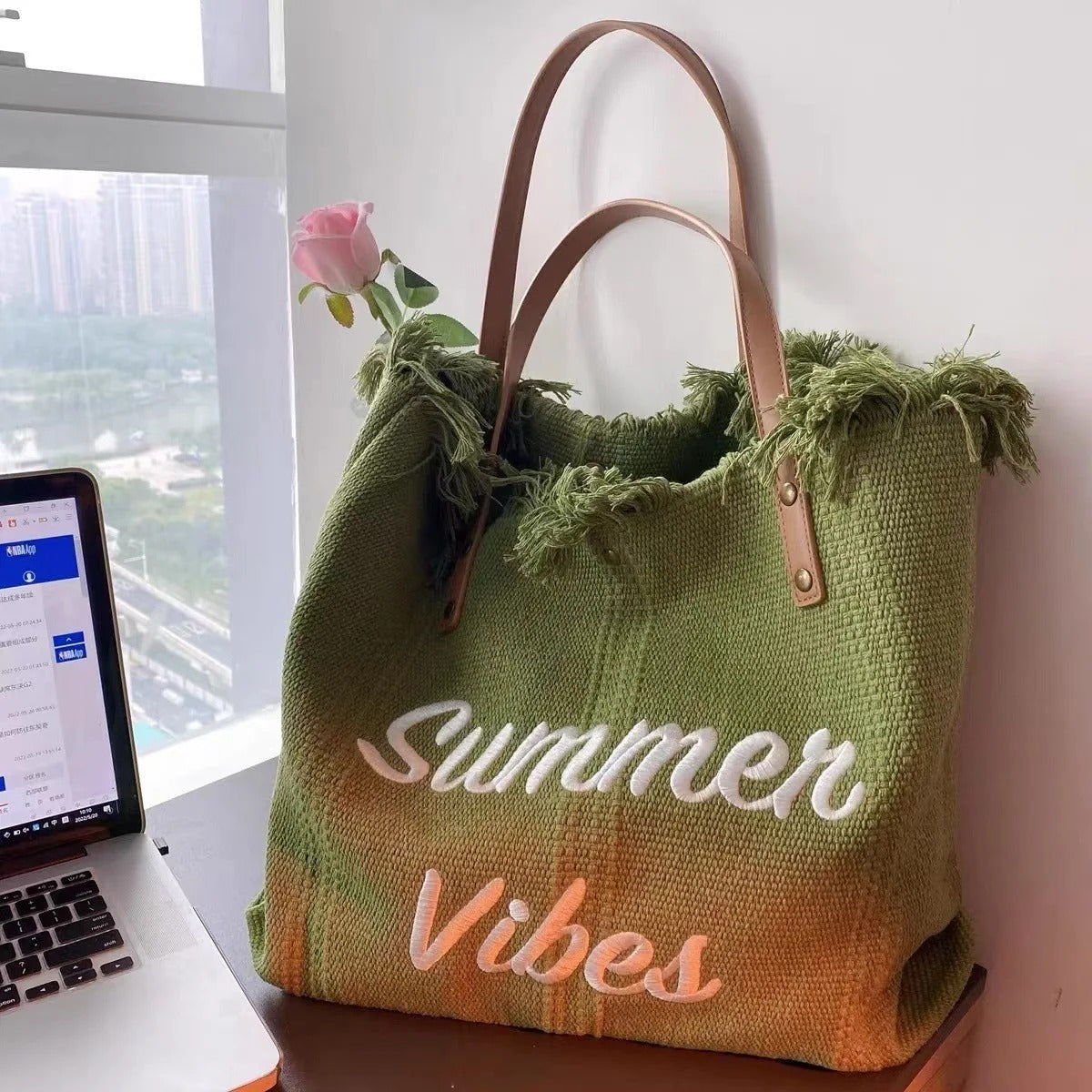 Embroidered Canvas Large Tote Beach Bag