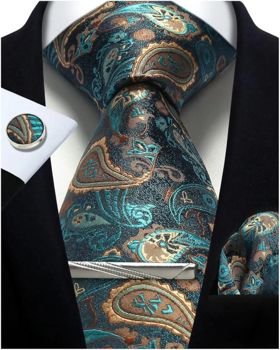Silk Business Tie Pocket Square Tie Clip Cufflinks Plain Set Classic For Men Gift Box