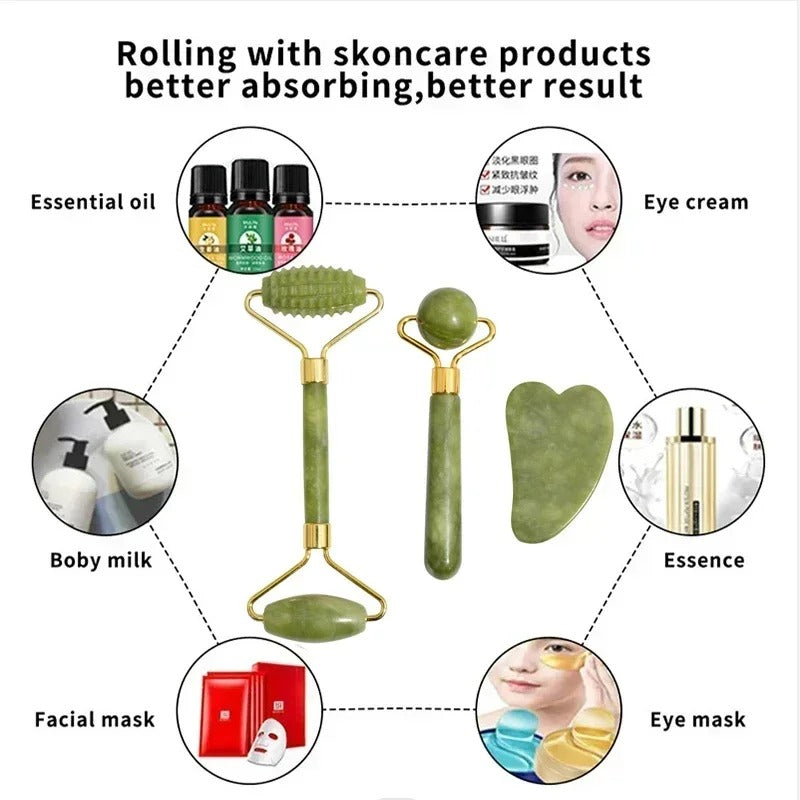 Jade Roller Face & Gua Sha Set – Natural Stone Body Neck Massager, Acupoint Eye Care Spa Massage Tools, Massage Visage Lifting