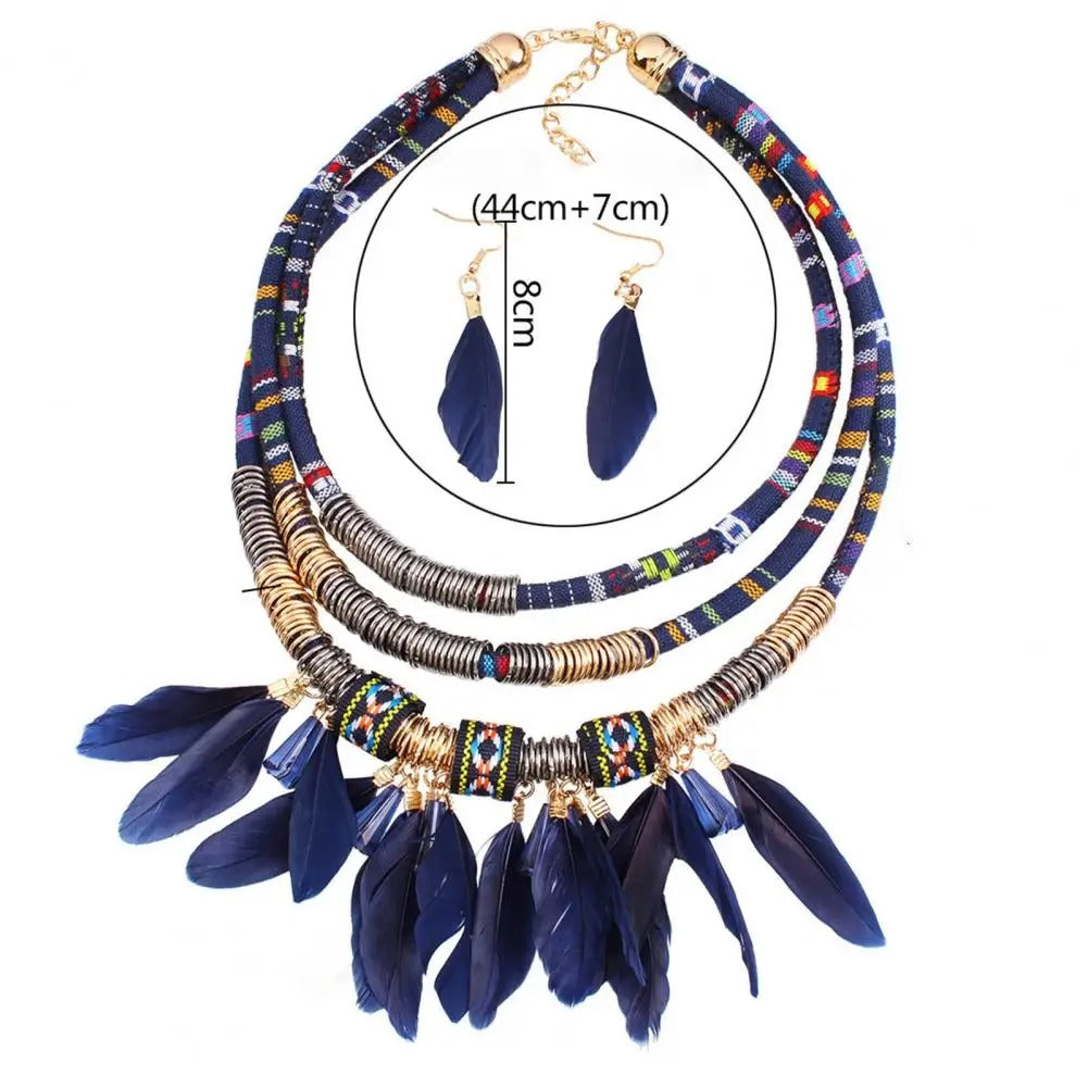 Ethnic Jewelry Set Classic Feather Tassel Necklace Earrings Set