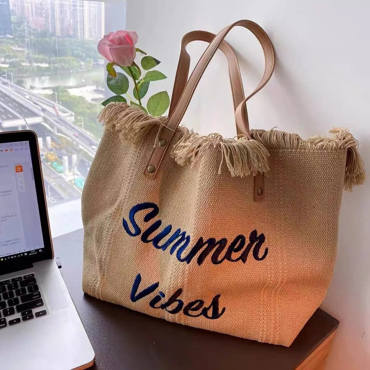 Embroidered Canvas Large Tote Beach Bag