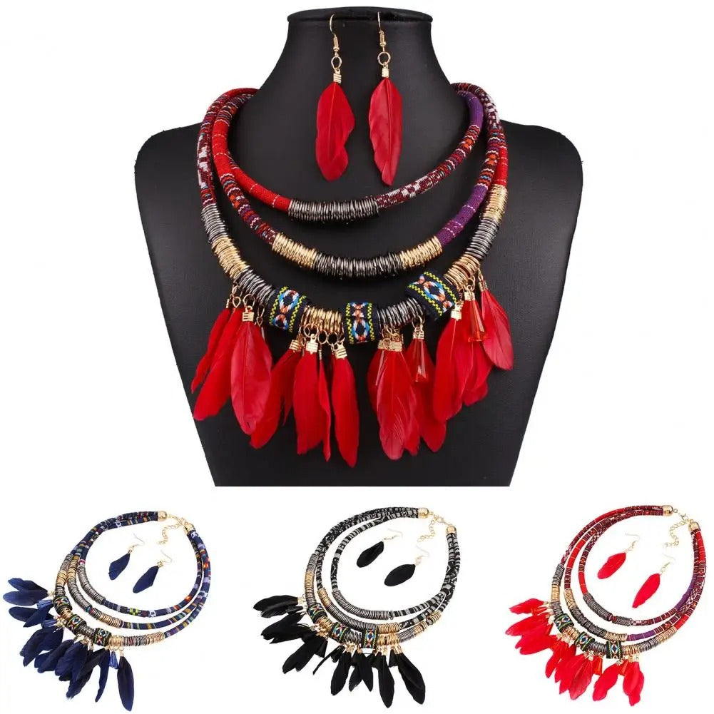 Ethnic Jewelry Set Classic Feather Tassel Necklace Earrings Set