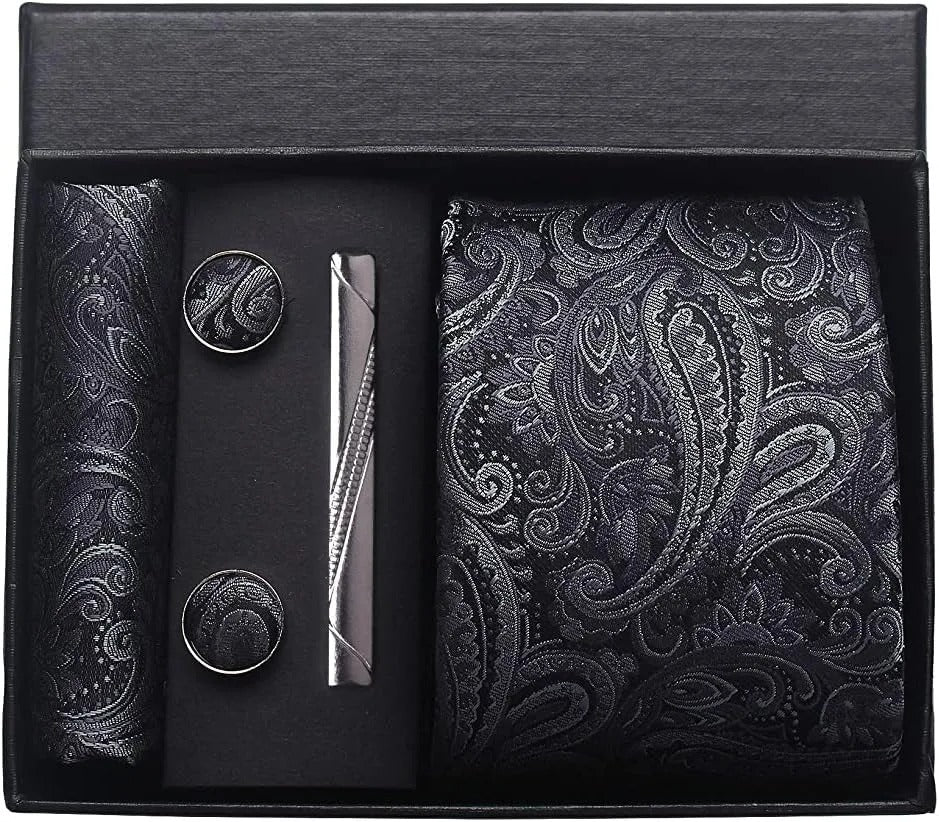 Silk Business Tie Pocket Square Tie Clip Cufflinks Plain Set Classic For Men Gift Box