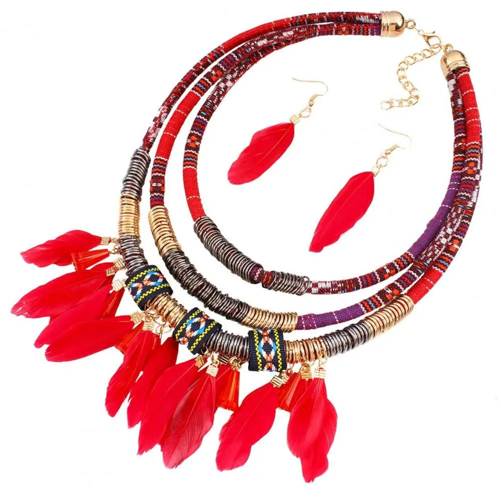 Ethnic Jewelry Set Classic Feather Tassel Necklace Earrings Set