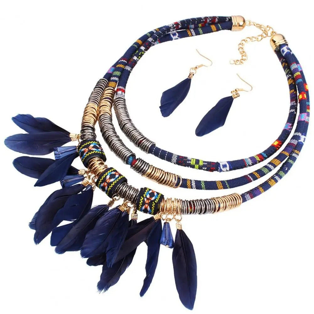 Ethnic Jewelry Set Classic Feather Tassel Necklace Earrings Set