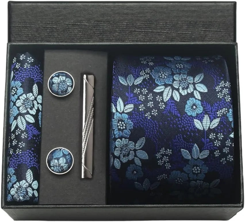Silk Business Tie Pocket Square Tie Clip Cufflinks Plain Set Classic For Men Gift Box