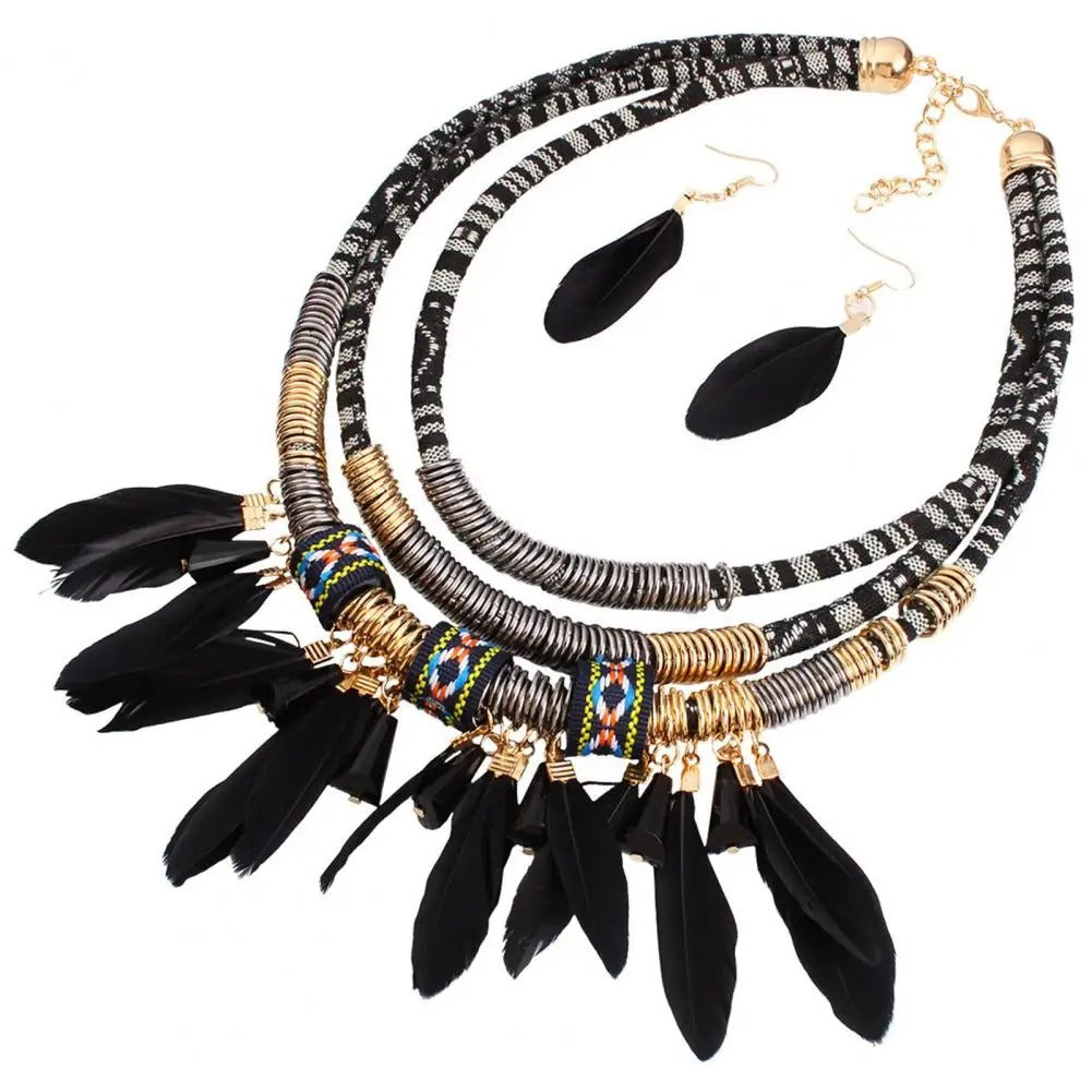 Ethnic Jewelry Set Classic Feather Tassel Necklace Earrings Set