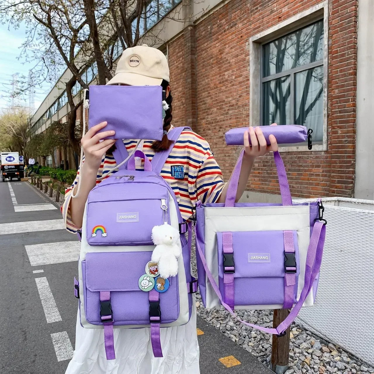 4-Piece Korean Style Canvas Backpack Set for Women – Large Capacity School Bag with Shoulder Bag, Pouch & Tote