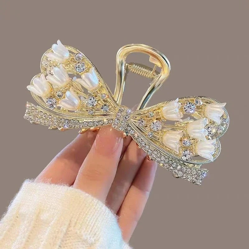 New Pearl Flower Tassel Retro Ponytail Hair Claw Clip Girl Women