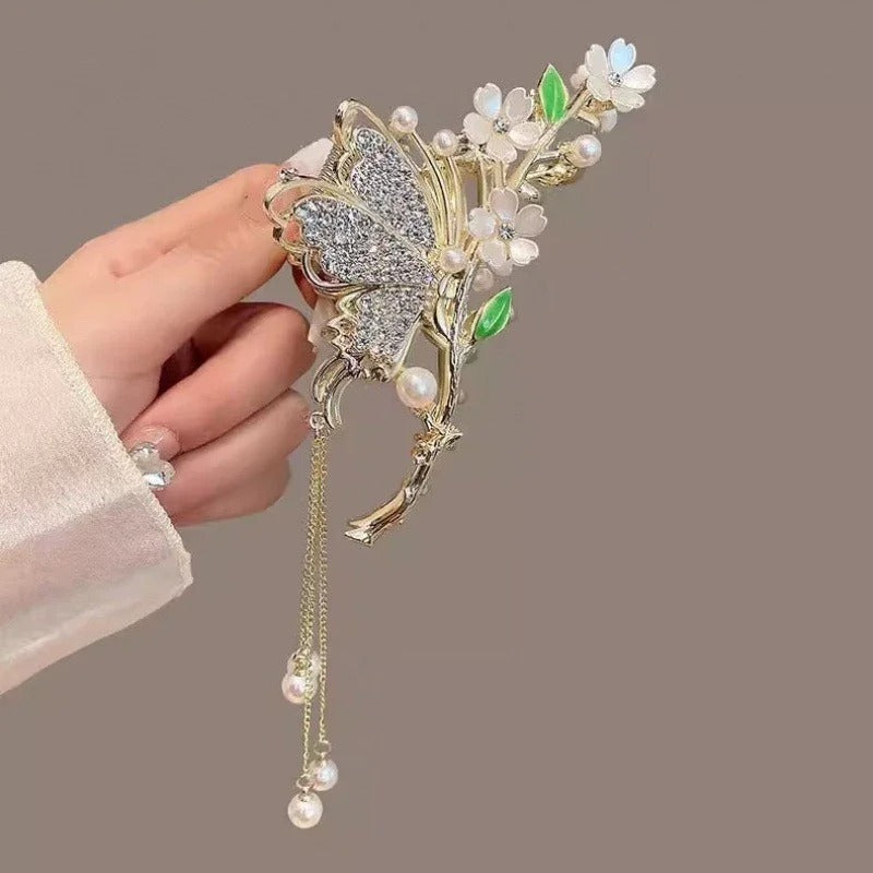 New Pearl Flower Tassel Retro Ponytail Hair Claw Clip Girl Women