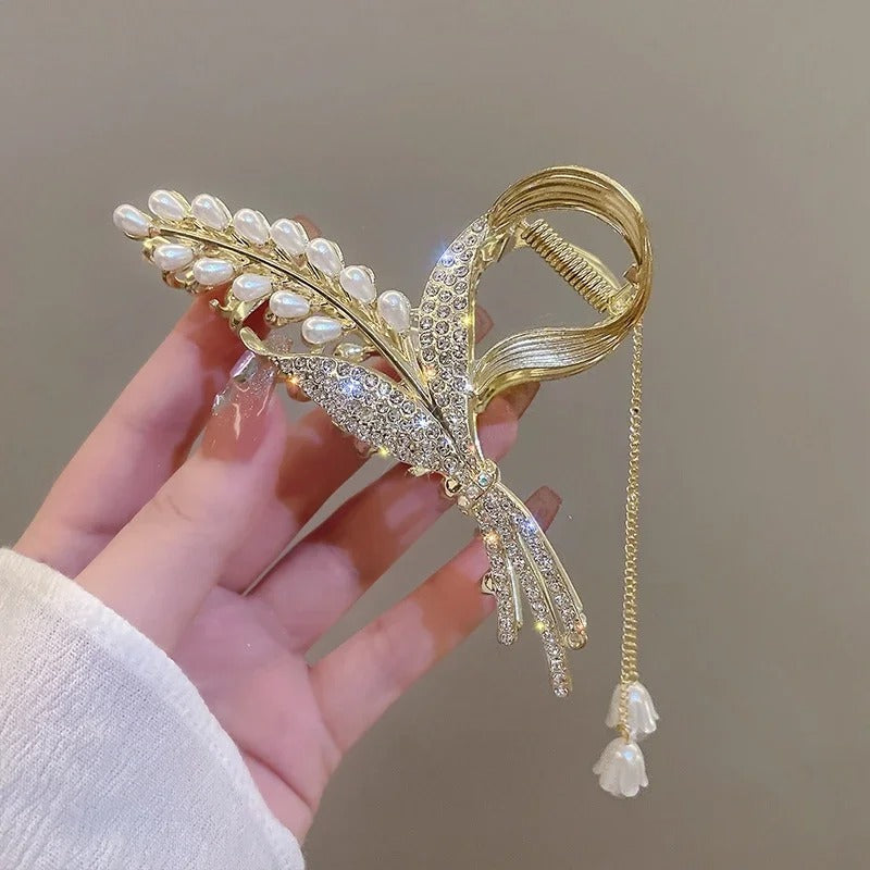 New Pearl Flower Tassel Retro Ponytail Hair Claw Clip Girl Women