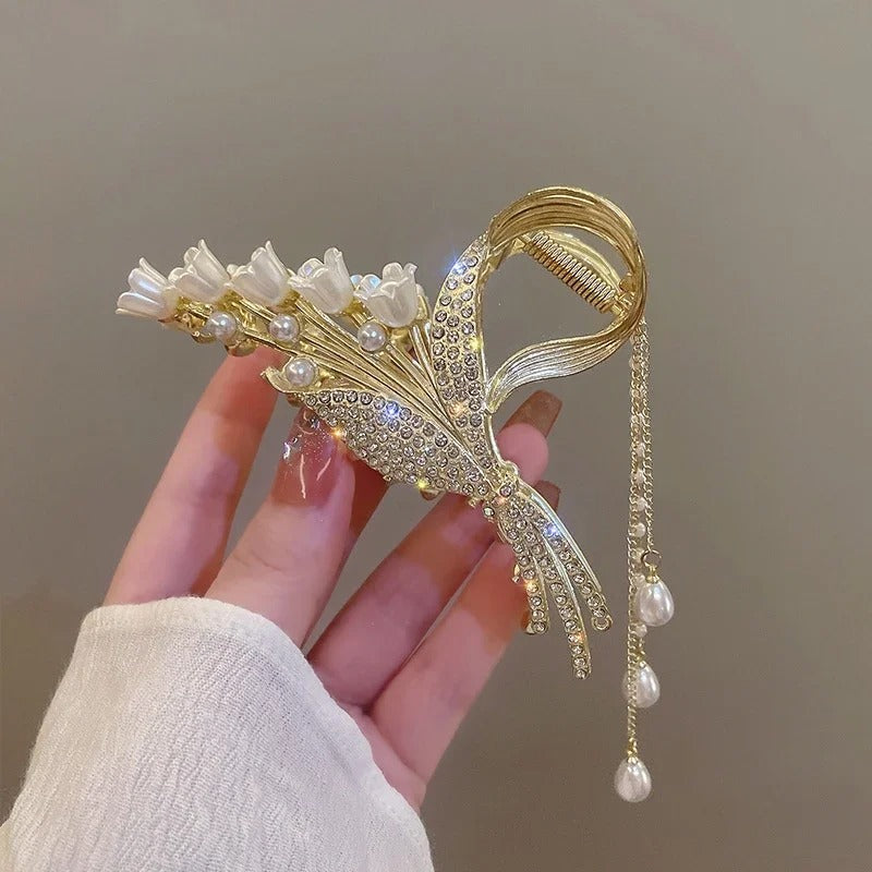 New Pearl Flower Tassel Retro Ponytail Hair Claw Clip Girl Women