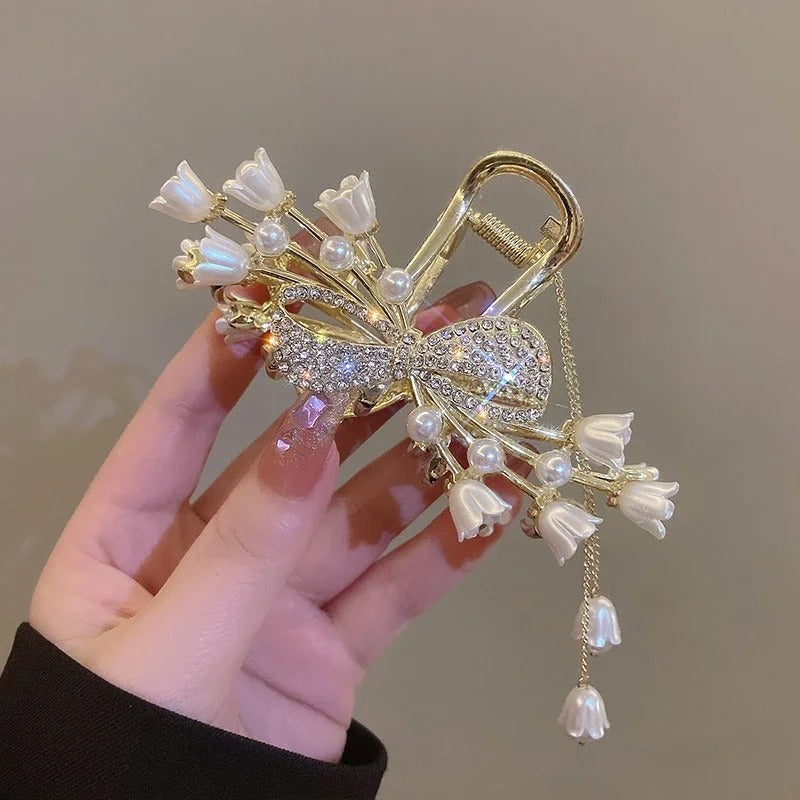 New Pearl Flower Tassel Retro Ponytail Hair Claw Clip Girl Women