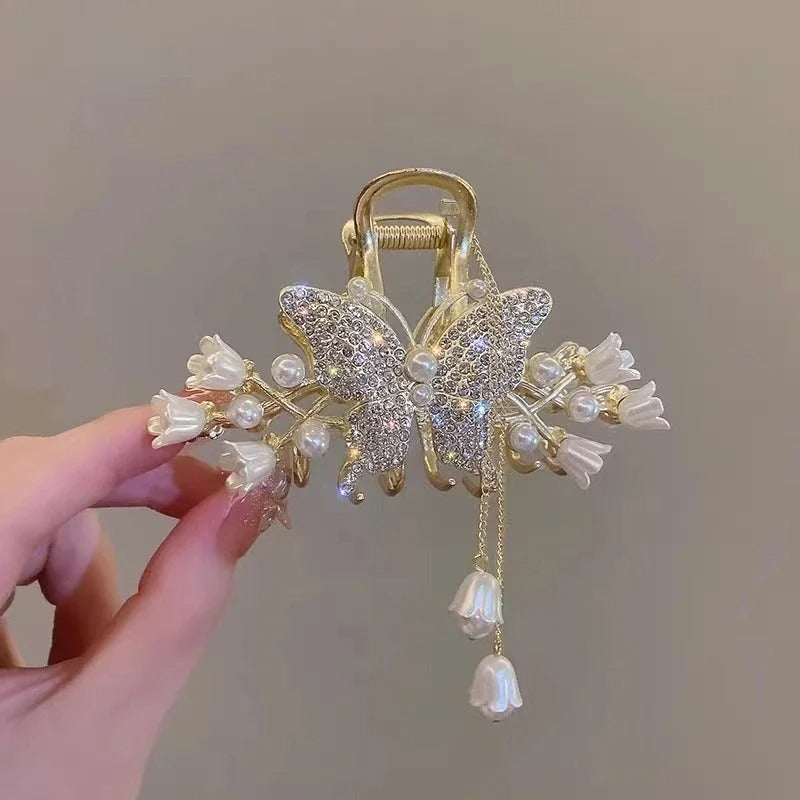 New Pearl Flower Tassel Retro Ponytail Hair Claw Clip Girl Women