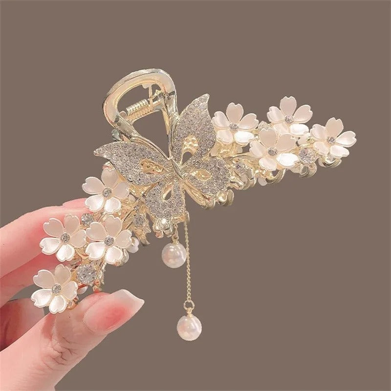 New Pearl Flower Tassel Retro Ponytail Hair Claw Clip Girl Women