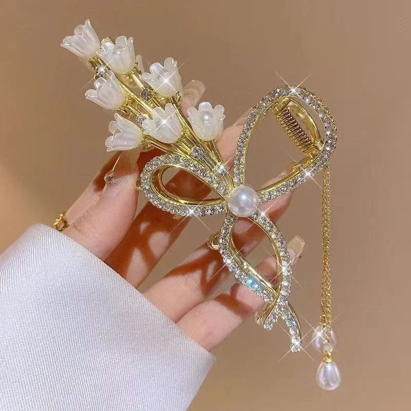 New Pearl Flower Tassel Retro Ponytail Hair Claw Clip Girl Women