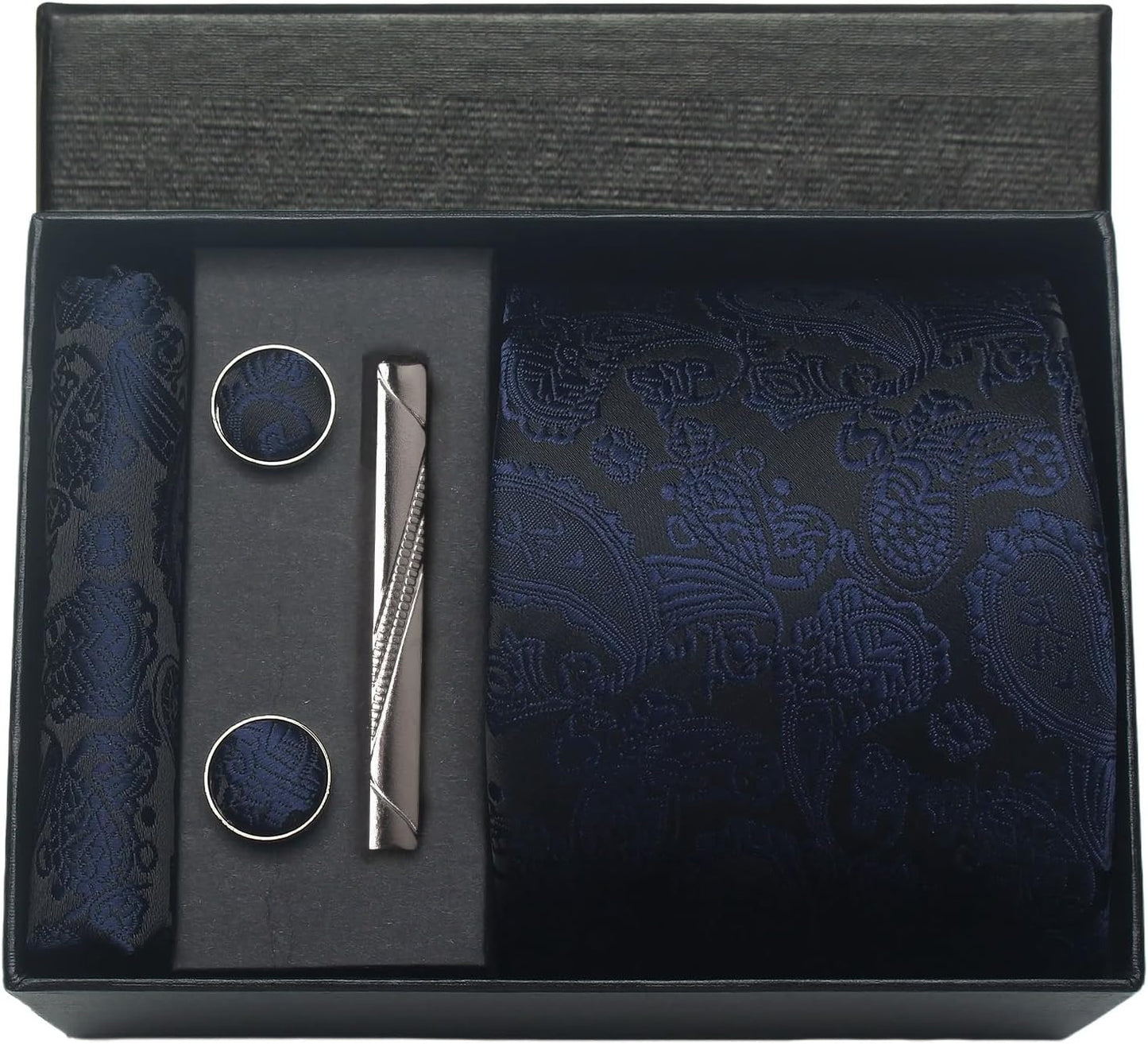 Silk Business Tie Pocket Square Tie Clip Cufflinks Plain Set Classic For Men Gift Box