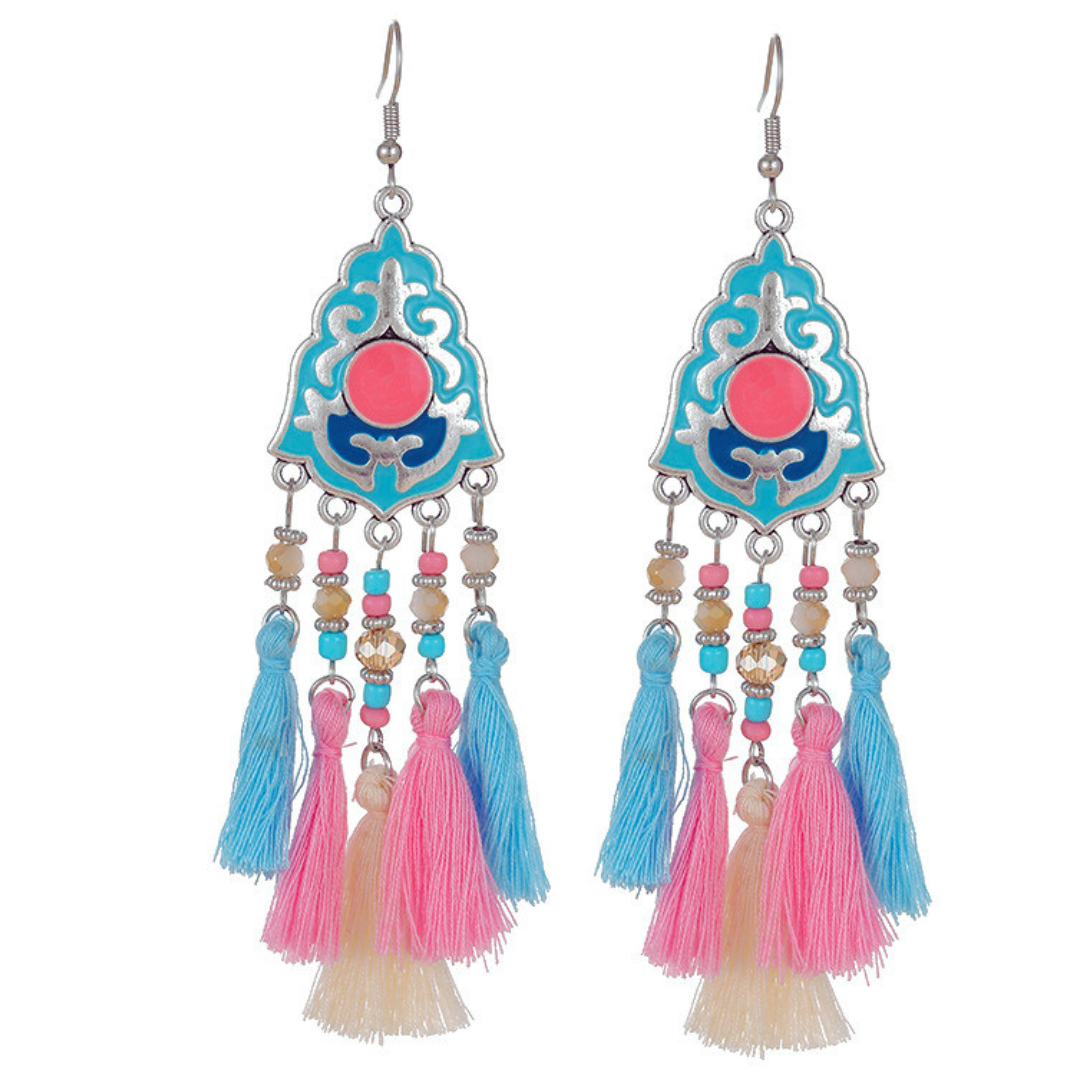 Ethnic Bohemian Tassel Earrings For Women Geometric Enamel Crystal Beads Female Drop Dangle Gift