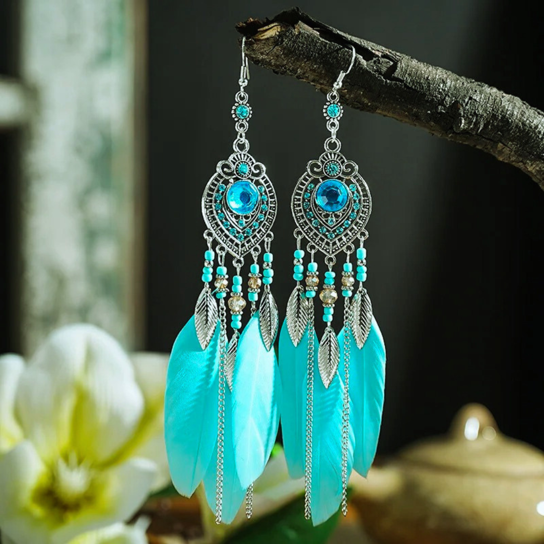 Boho Feather Long Leaf Earrings