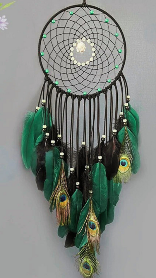 Peacock Feather Dream Catcher with Luminous Beads – Boho Wall Hanging & Wind Chime for Bedroom & Living Room Decor