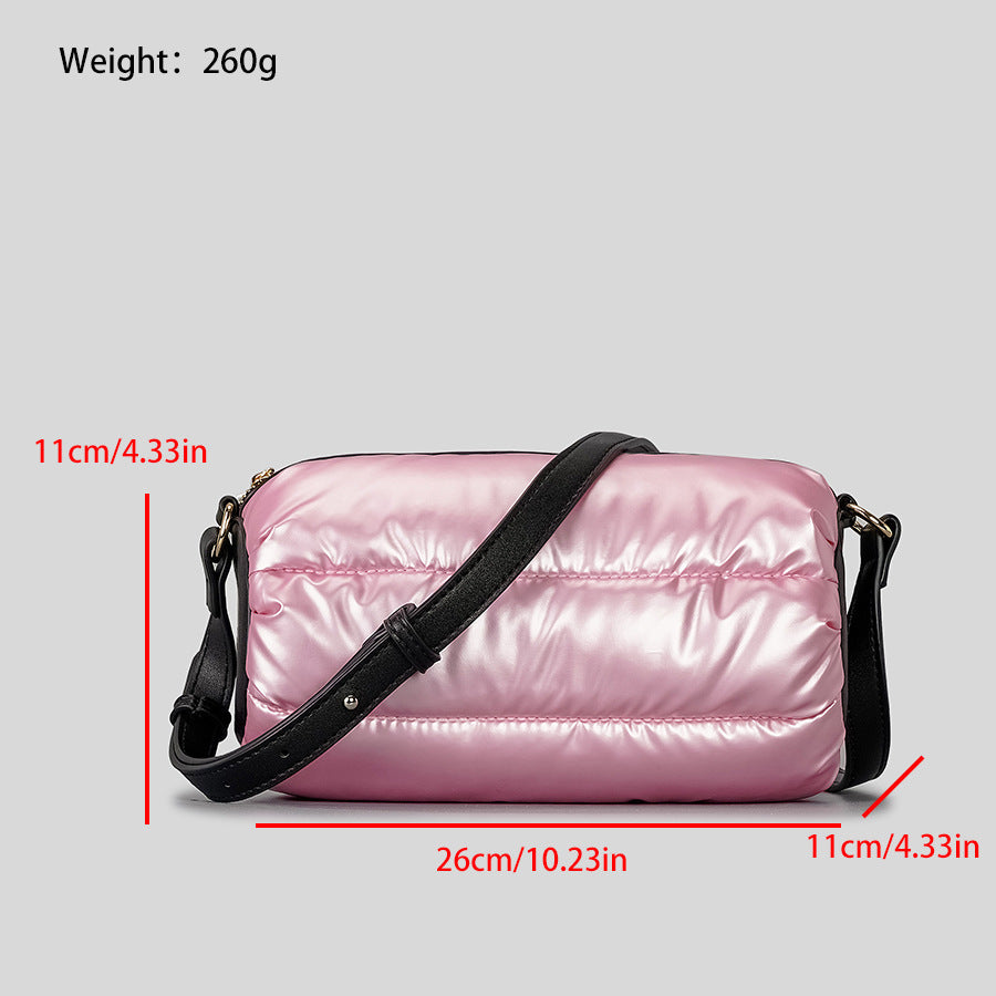 Space Down Cotton Cylinder Shoulder Bag – Quilted Minimalist Puffer Purse with Diamond Mesh Design