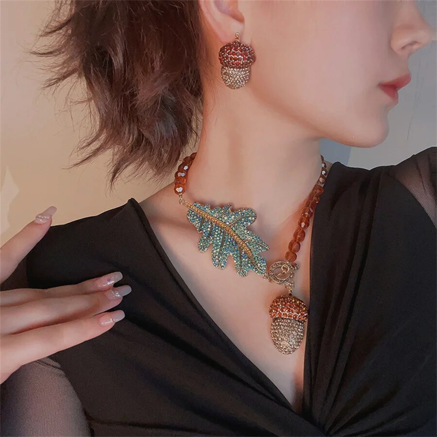 Vintage Leaf Crystal Necklaces with Earing