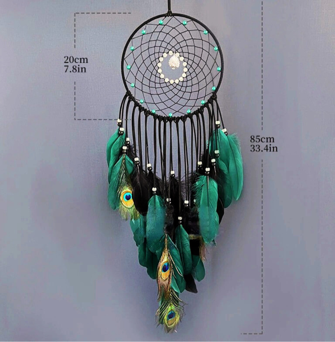 Peacock Feather Dream Catcher with Luminous Beads – Boho Wall Hanging & Wind Chime for Bedroom & Living Room Decor