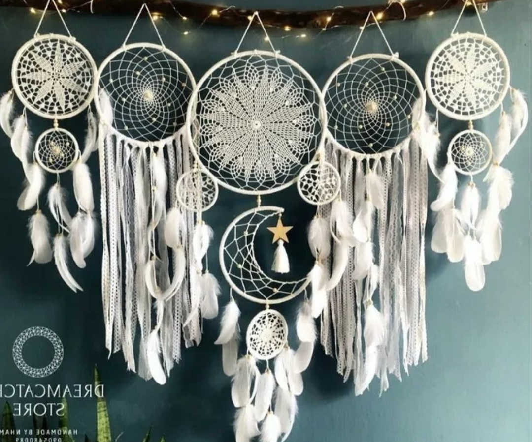 5pcs Boho Macrame Dream Catchers Set – Moon Wall Hangings for Home, Nursery & Ramadan Decor