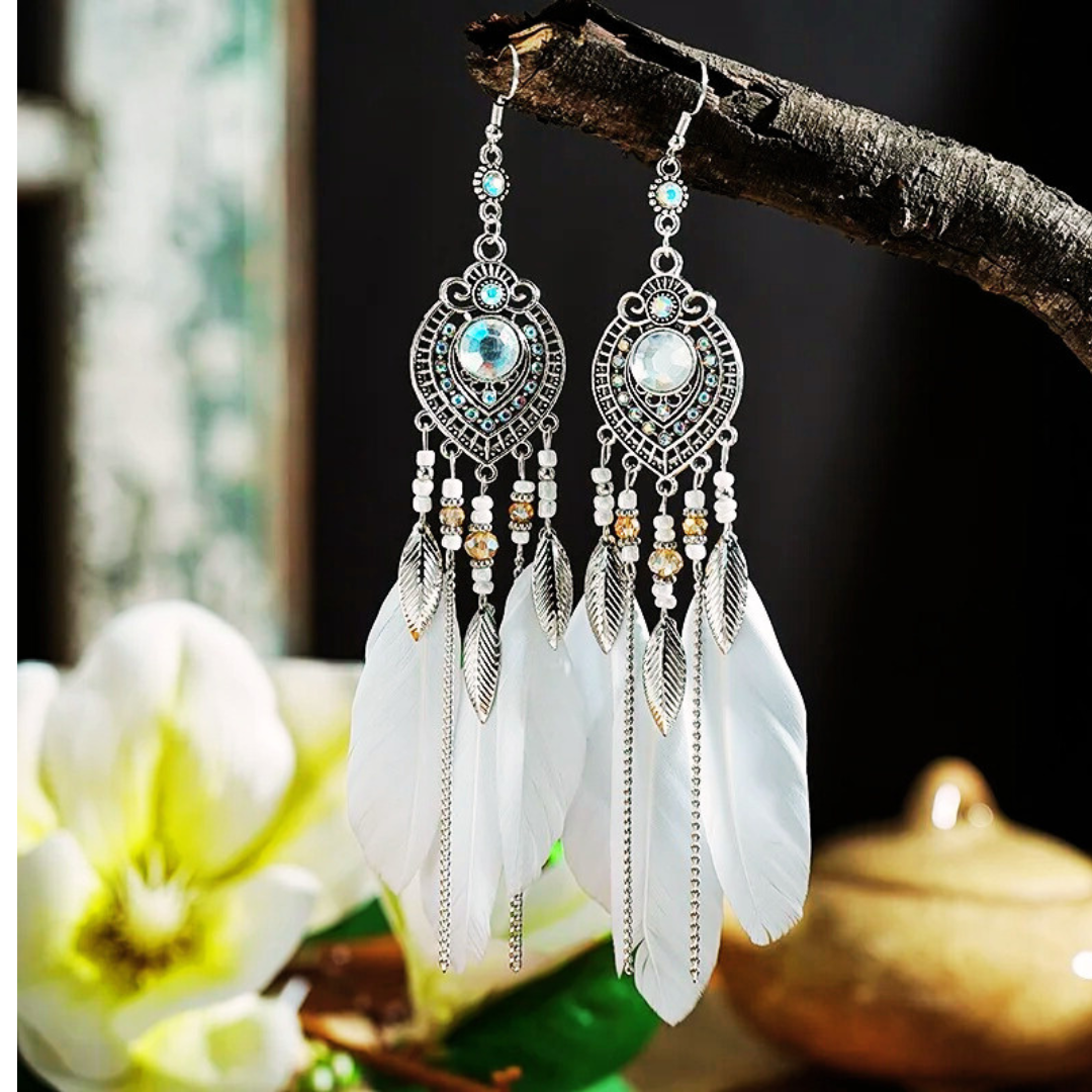 Boho Feather Long Leaf Earrings